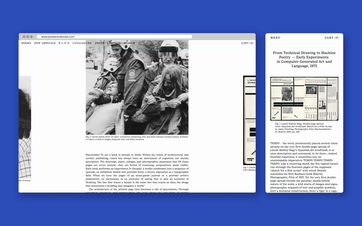 Desktop- und mobile PENKA-Seiten nebeneinander auf blauem Grund, mit Archivfotografie, Buchabbildung und Beschreibungstexten.