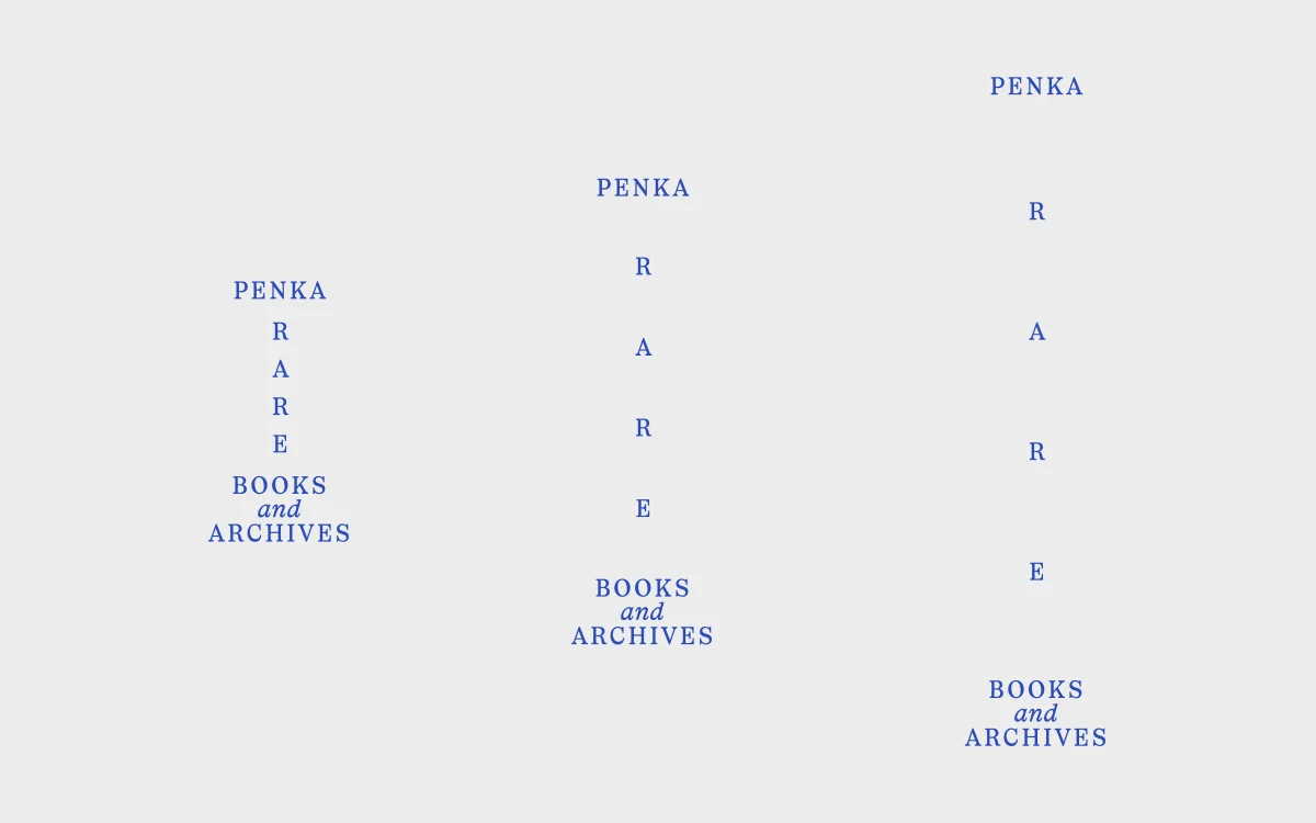 Drei blaue PENKA-Wortmarken auf weißem Grund mit unterschiedlich großen vertikalen Abständen zwischen den Buchstaben von „RARE“.