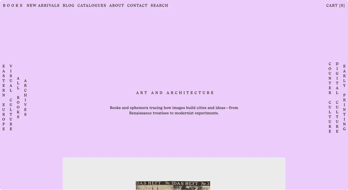 PENKA-Webseite mit lavendelfarbener Fläche und dem Titel „Art and Architecture“ zwischen senkrechten Kategorienlisten.