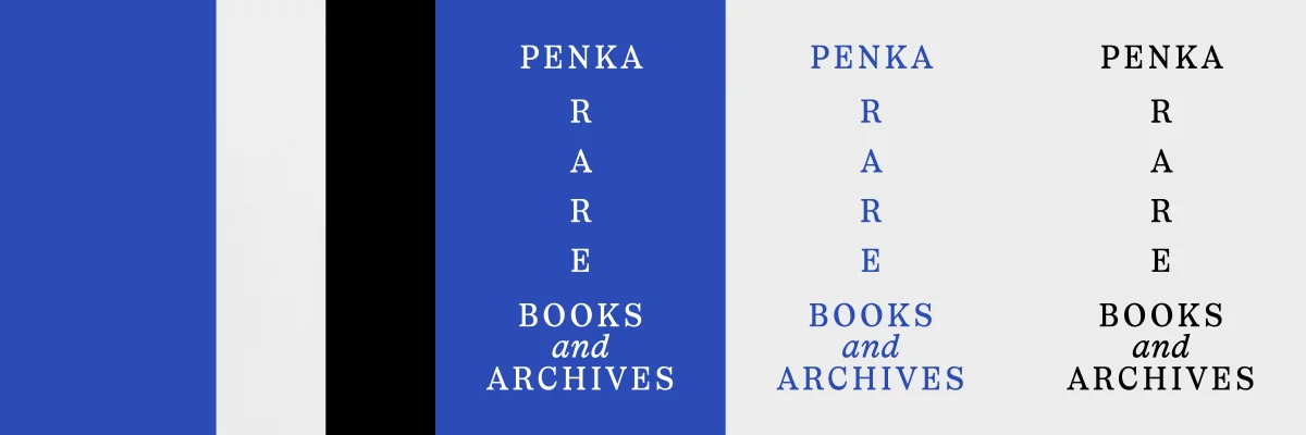Übersicht der PENKA-Wortmarke: Blau-Schwarz-Flächen und drei Farbvarianten mit senkrecht gesetzten Buchstaben des Wortes „RARE“.