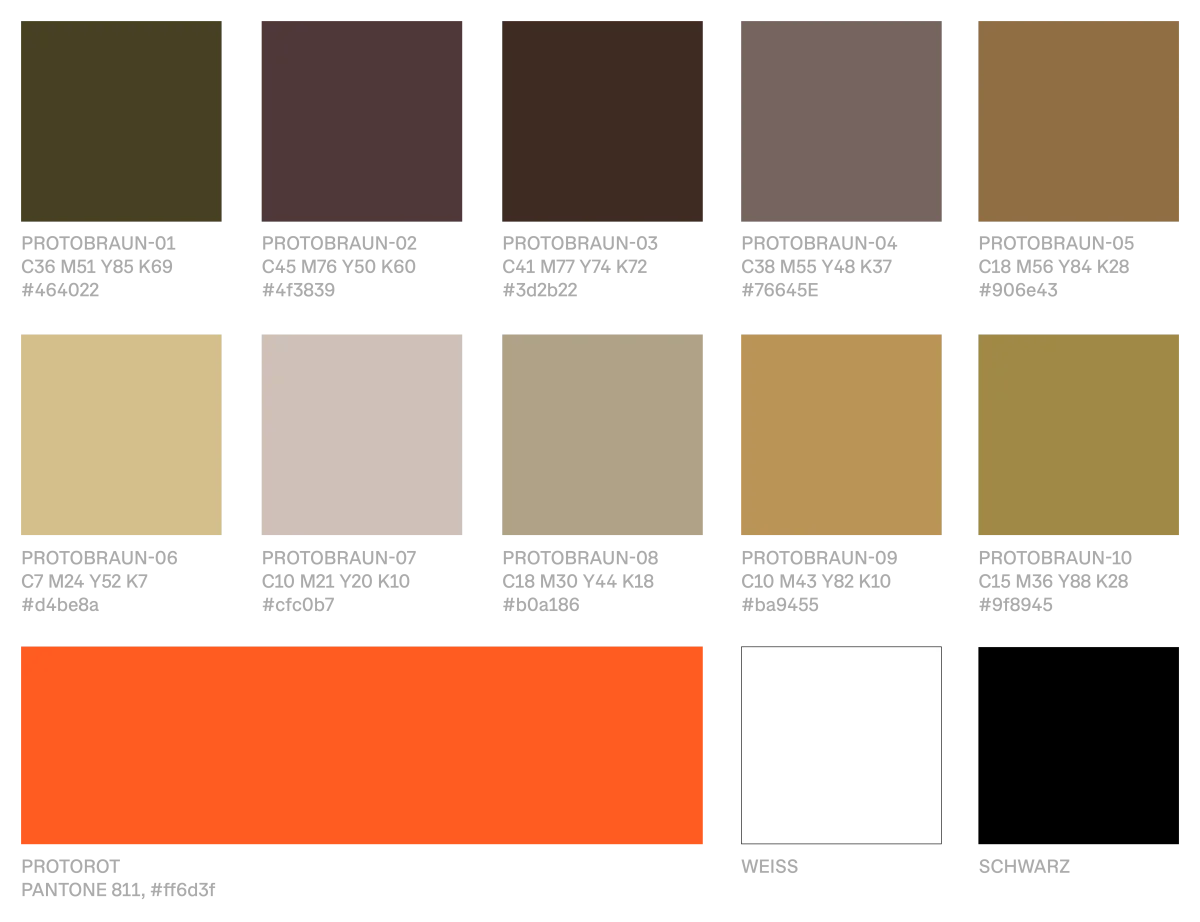 ProtoPotsdam colour palette with ten brown and beige tones, vivid orange, white and black.