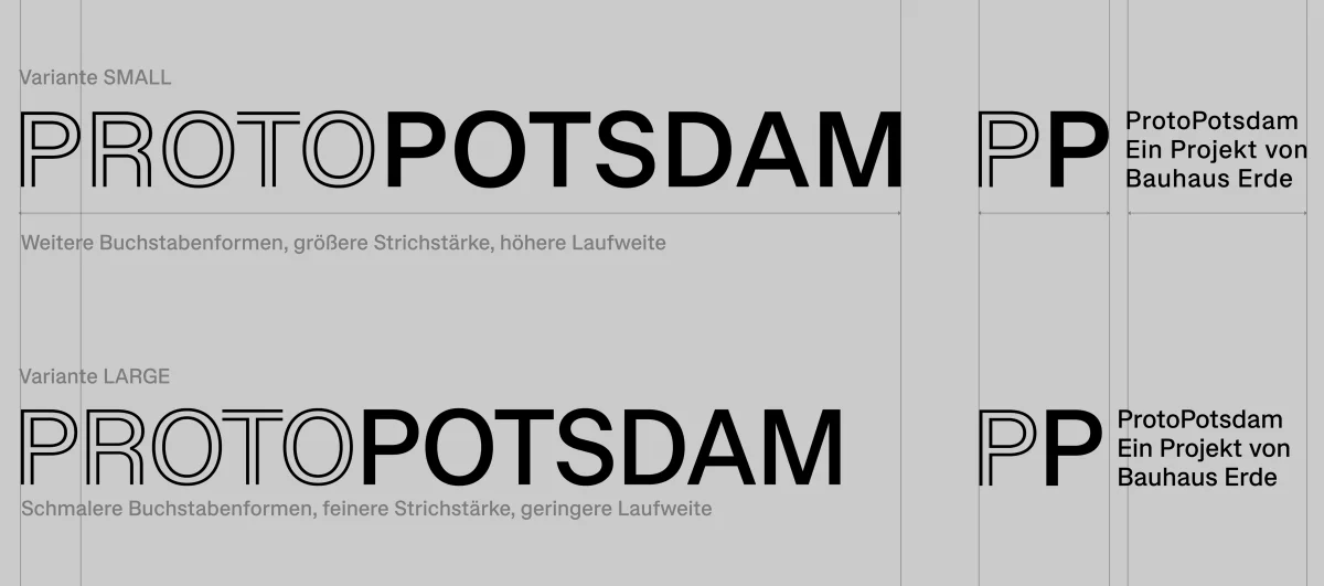 Comparison of small and large ProtoPotsdam wordmarks and PP monograms on grey.