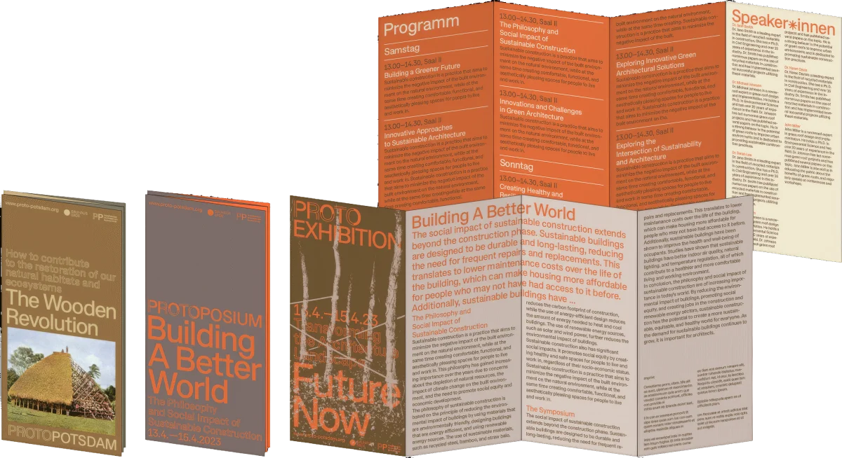 Several ProtoPotsdam leaflets with orange-brown covers and an unfolded programme with text columns.