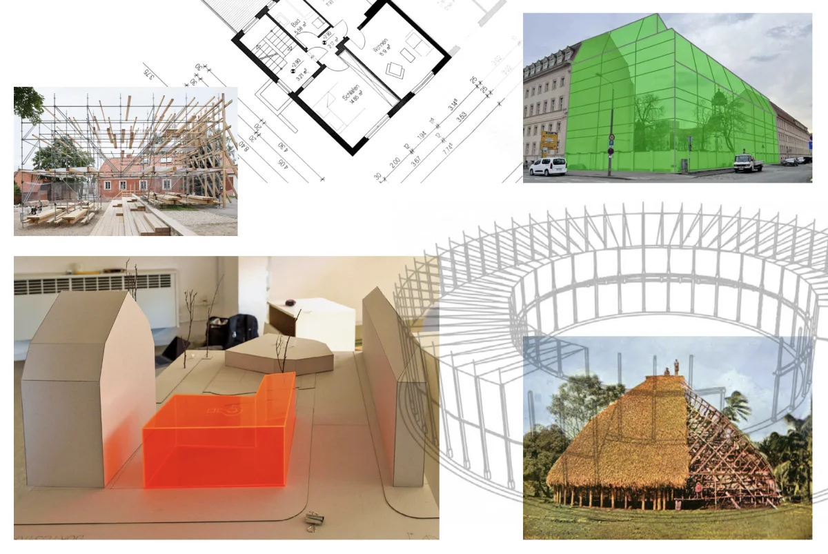 Collection of plans, architectural models, construction photographs and a green facade rendering for ProtoPotsdam.
