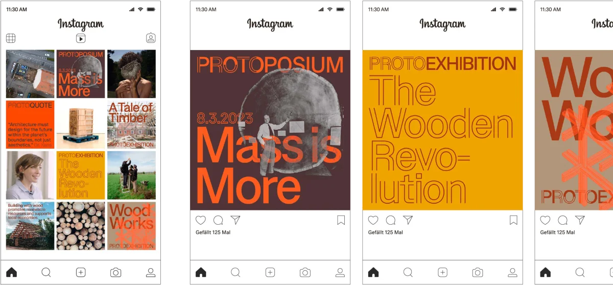 ProtoPotsdam Instagram screens with large typography, coloured panels and architectural imagery.