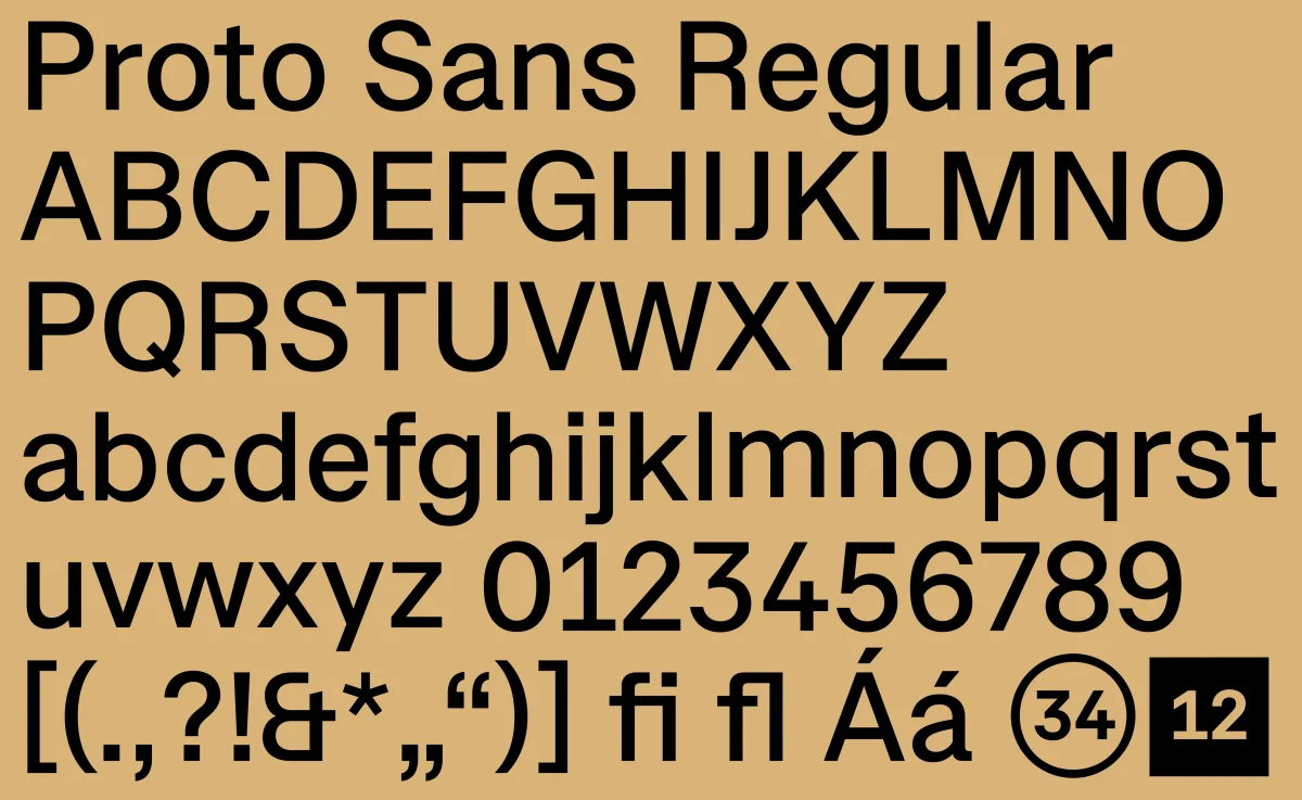Proto Sans Regular showing uppercase and lowercase letters, numbers, punctuation and ligatures in black on ochre.