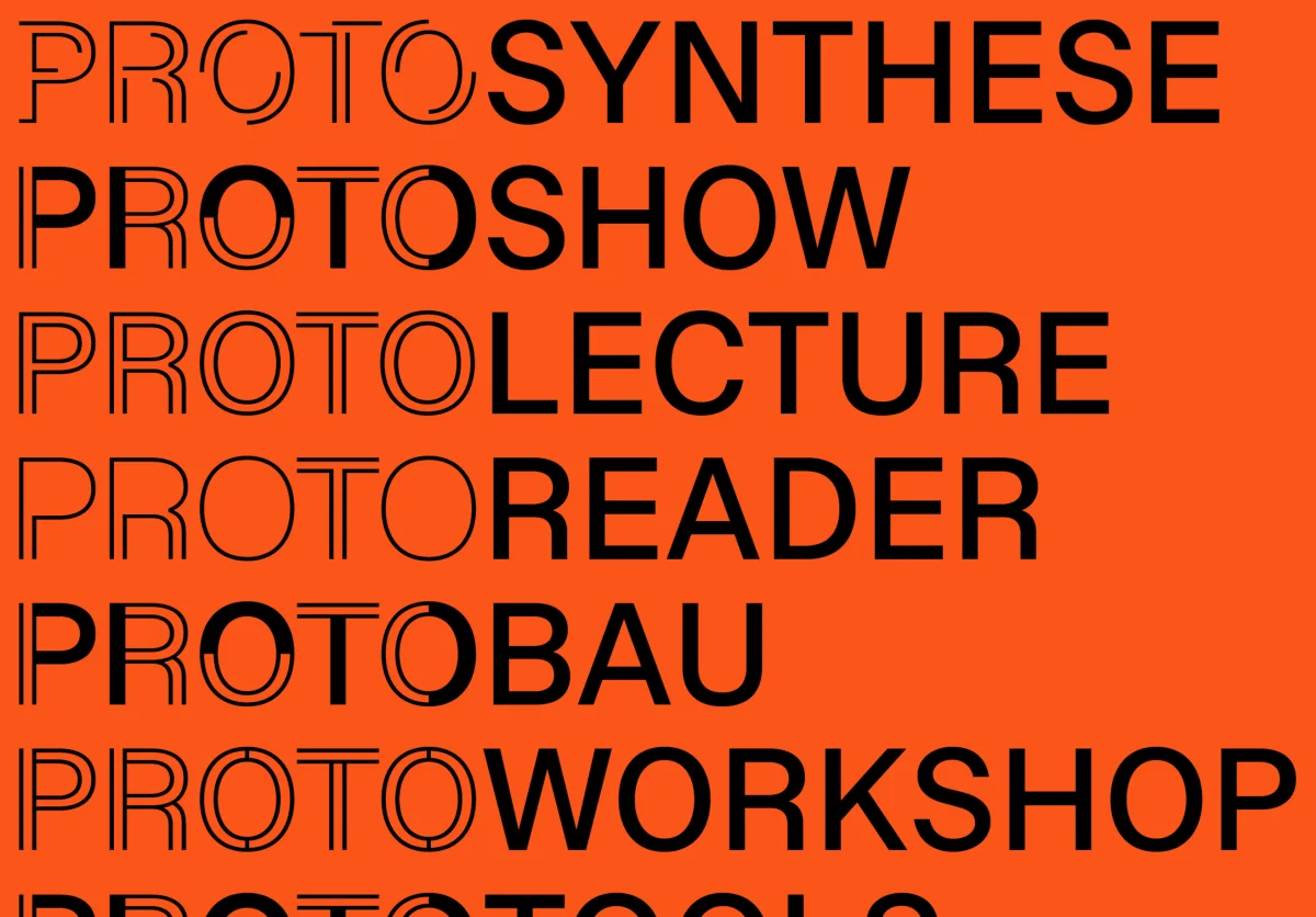 Black Proto wordmarks on orange, including “ProtoSynthese”, “ProtoShow”, “ProtoLecture”, “ProtoReader”, “ProtoBau” and “ProtoWorkshop”.