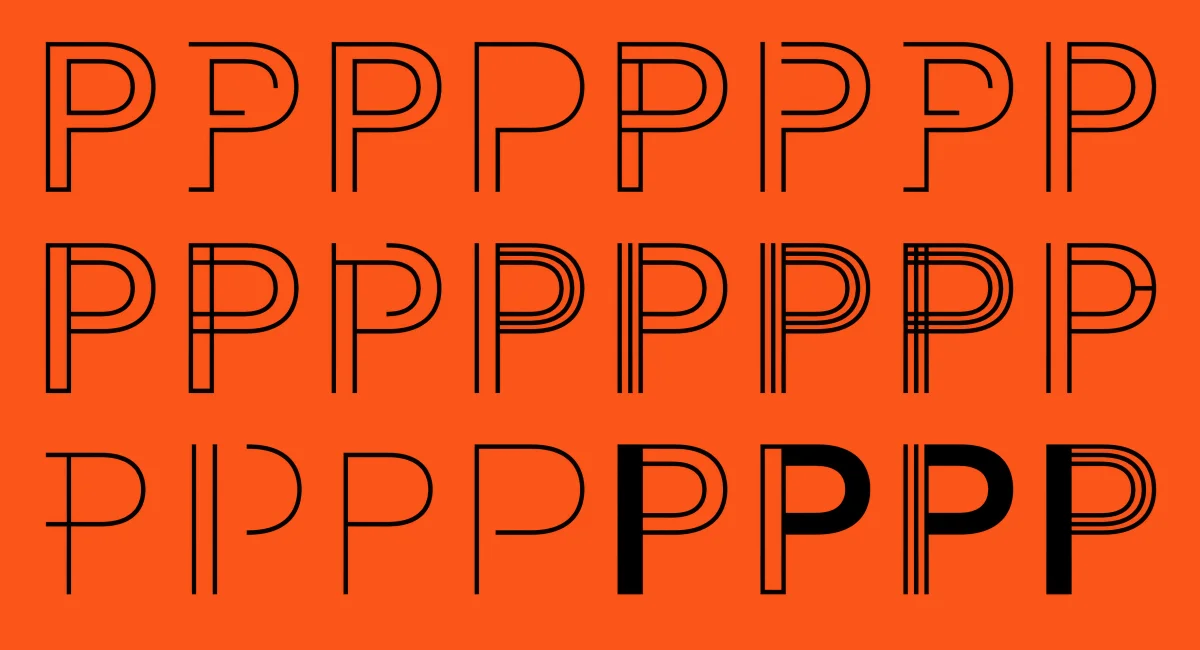 Grid of black P variants on orange, combining outlines, filled shapes and different line arrangements.