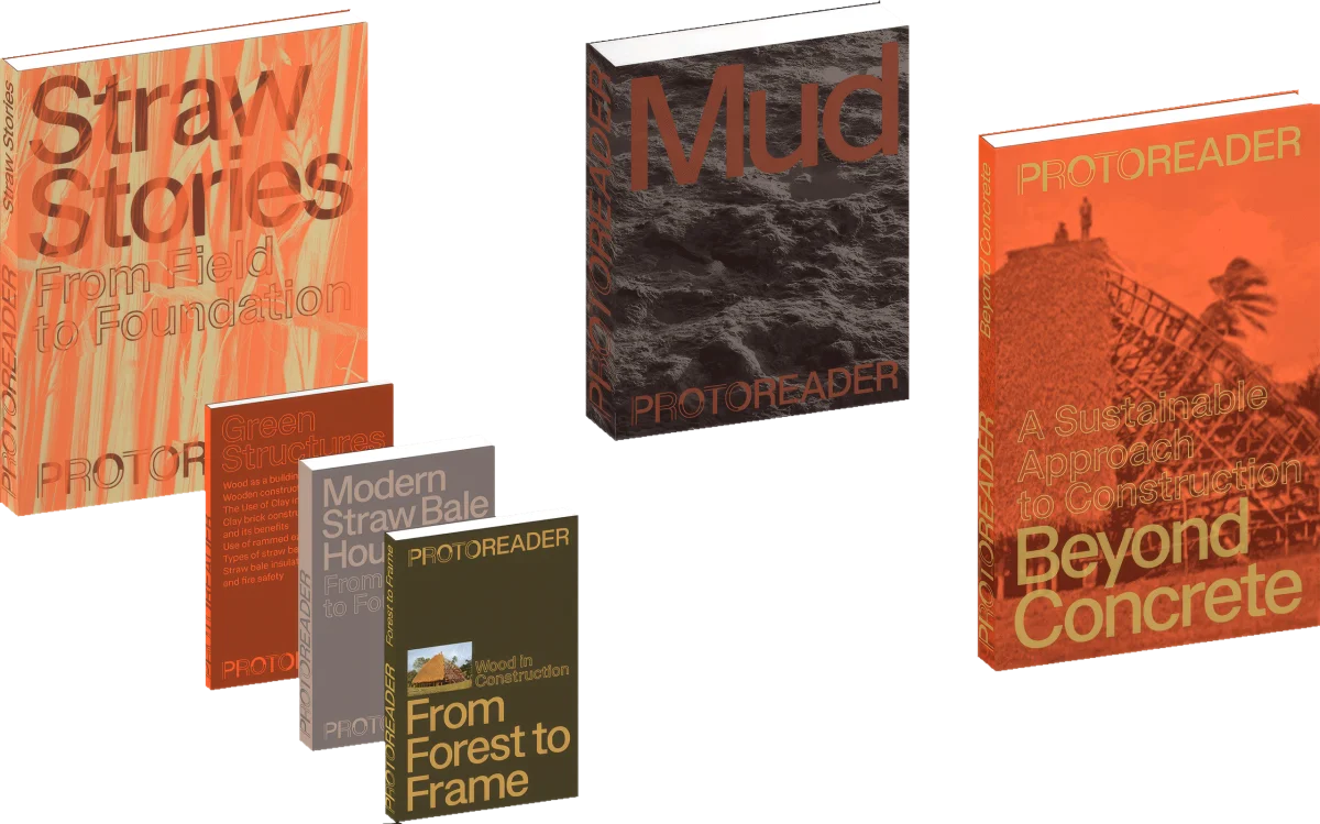 ProtoReader publications in orange, brown and grey, with large titles and images of natural building materials.