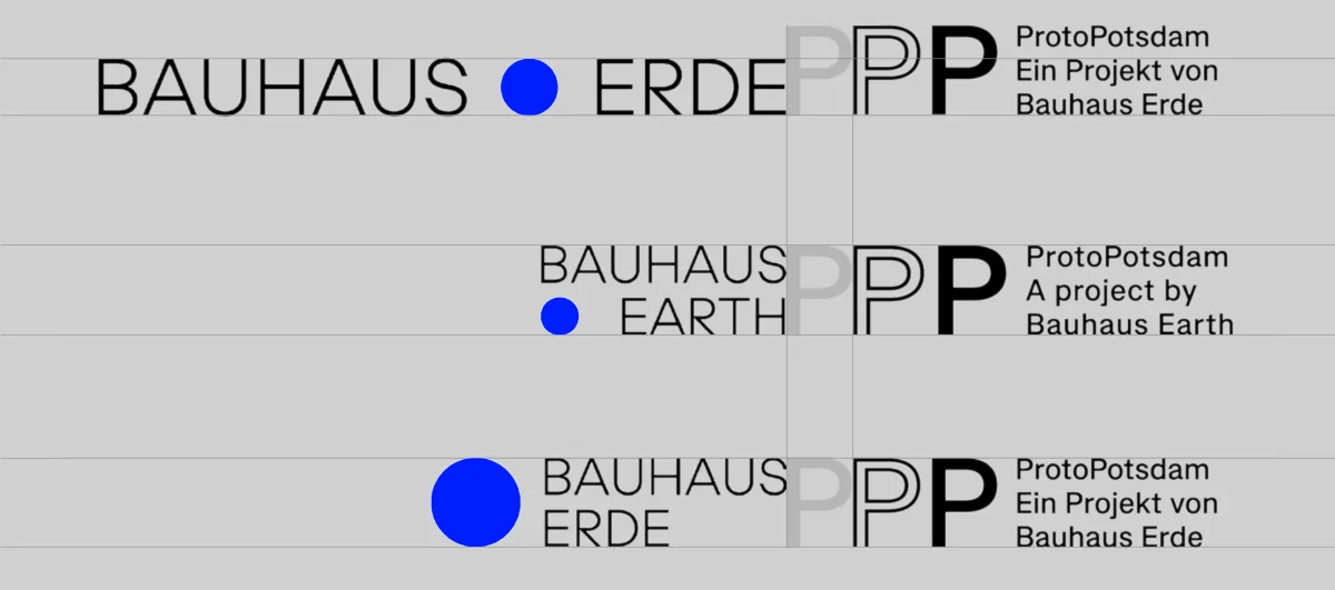 Combinations of the Bauhaus Earth wordmark and blue circle with the ProtoPotsdam PP symbol.