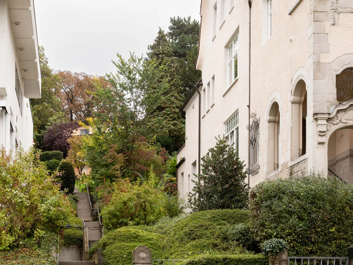 Narrow green stairway between pale residential buildings with front gardens.