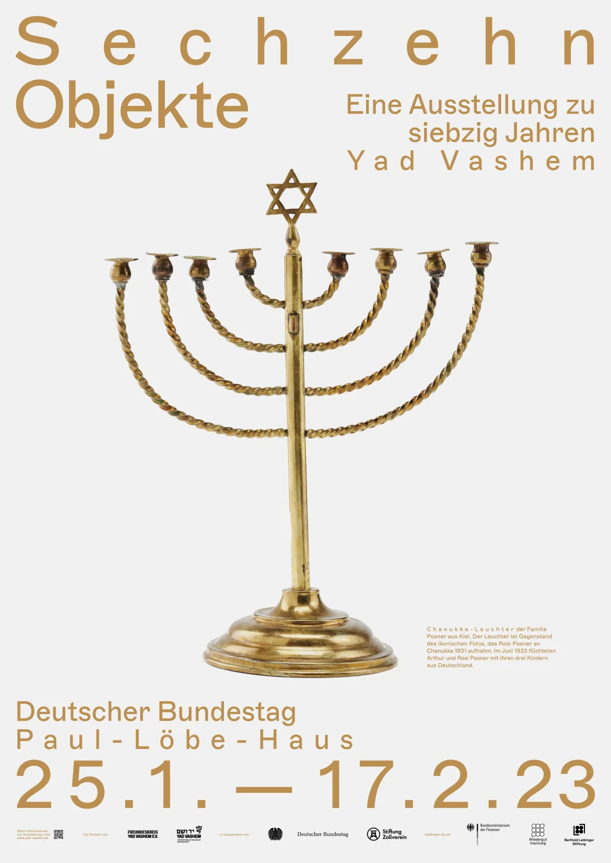 White “Sixteen Objects” poster with golden-brown typography and a Hanukkah menorah as its large central image.