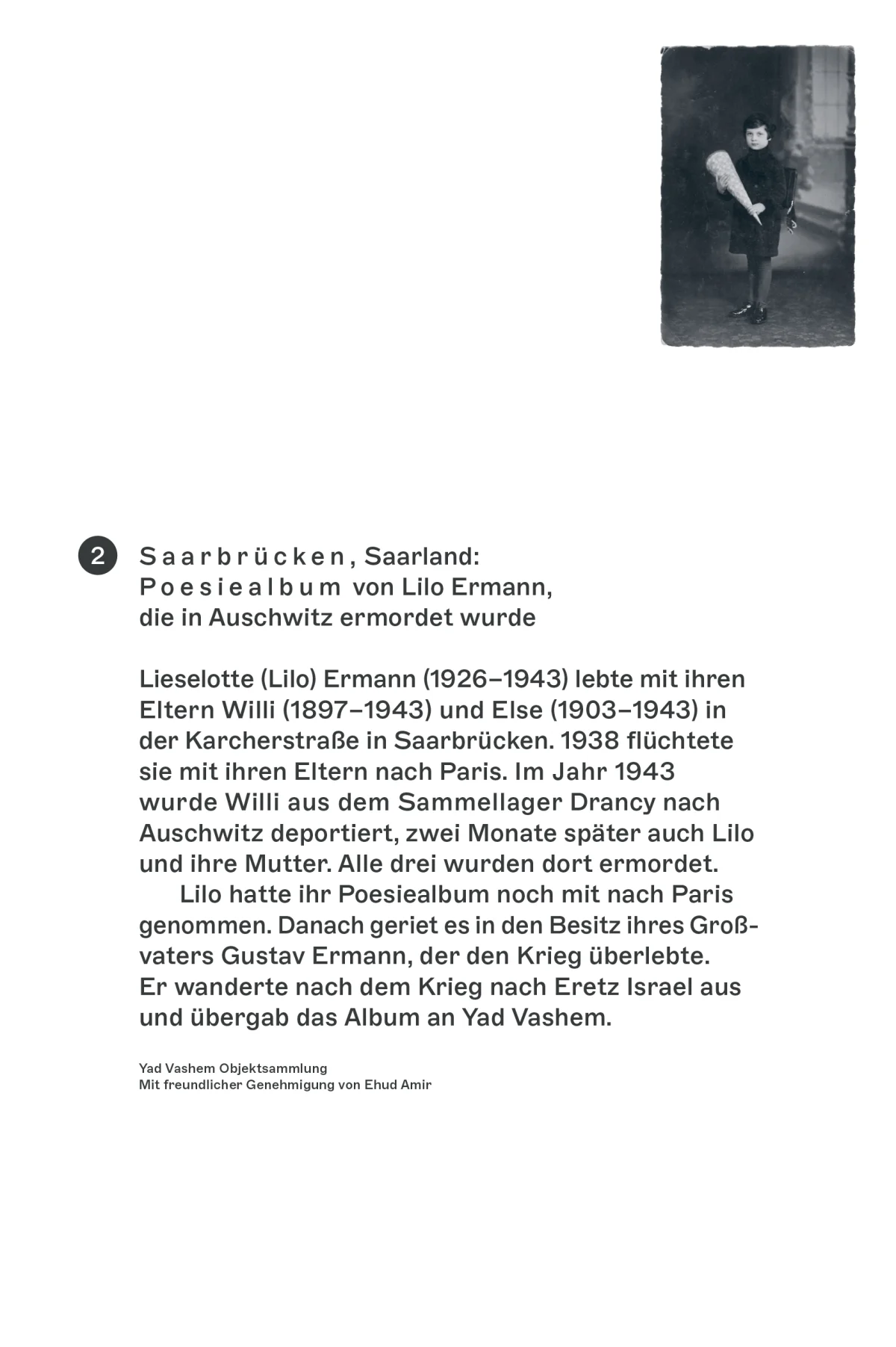 White exhibition panel about Lilo Ermann’s autograph book, with a historical portrait and biographical text.