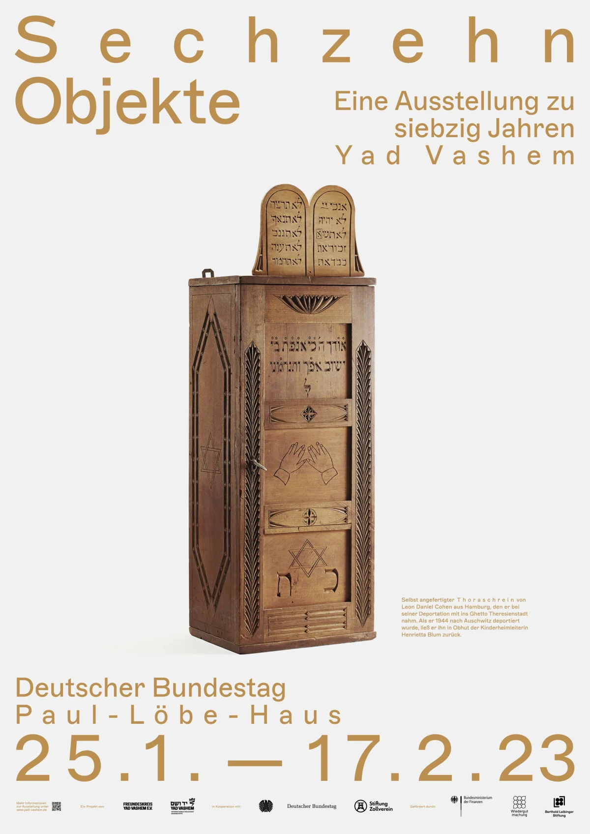 White “Sixteen Objects” poster with a wooden Torah ark and golden-brown exhibition details.