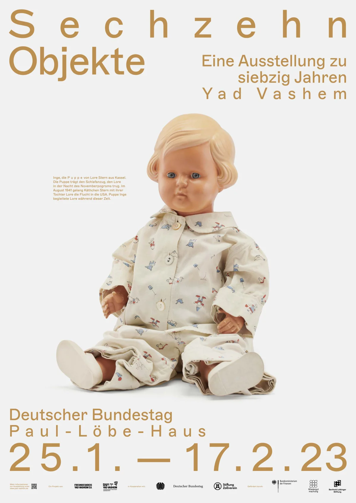 White “Sixteen Objects” poster with a seated blonde doll wearing patterned pyjamas.