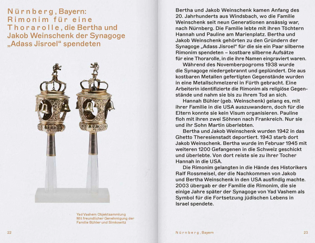 Booklet spread with two gold-coloured Torah finials and text about Bertha and Jakob Weinschenk.