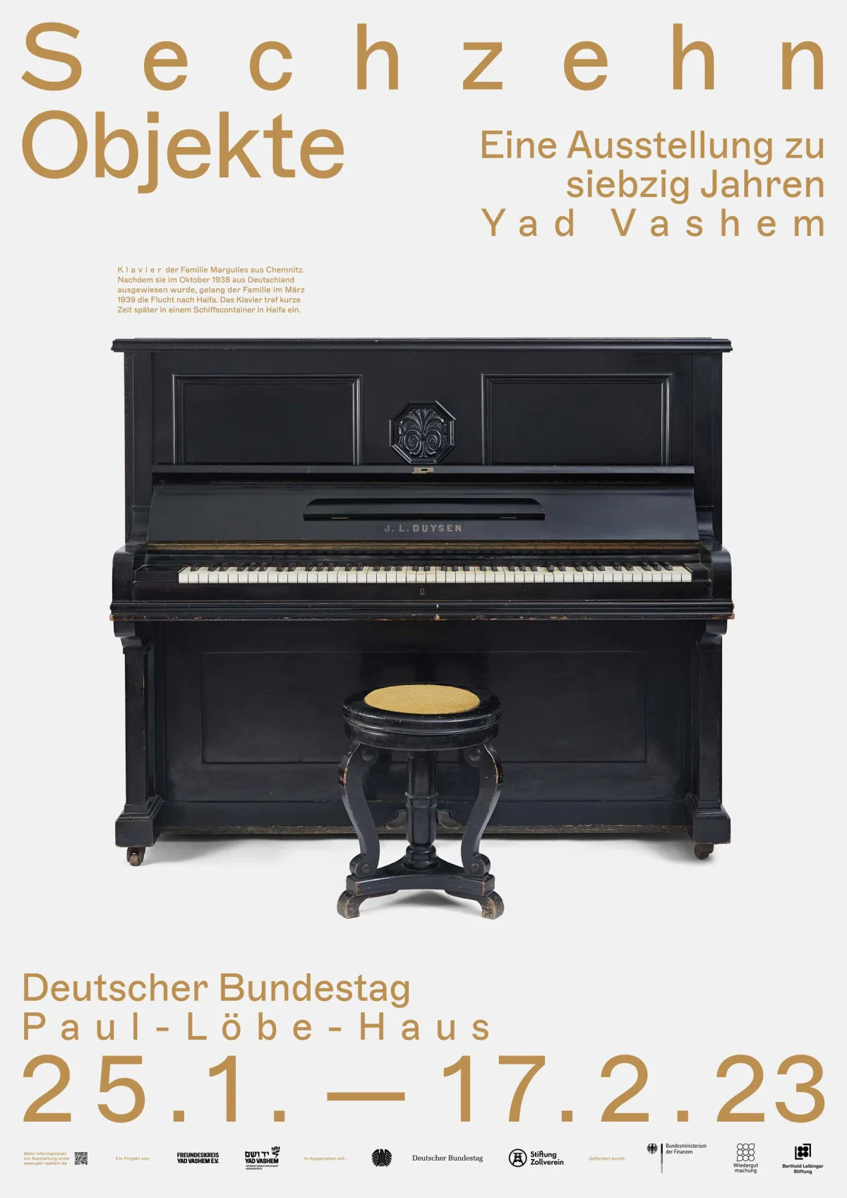 White “Sixteen Objects” poster with a black upright piano, round stool and golden-brown typography.
