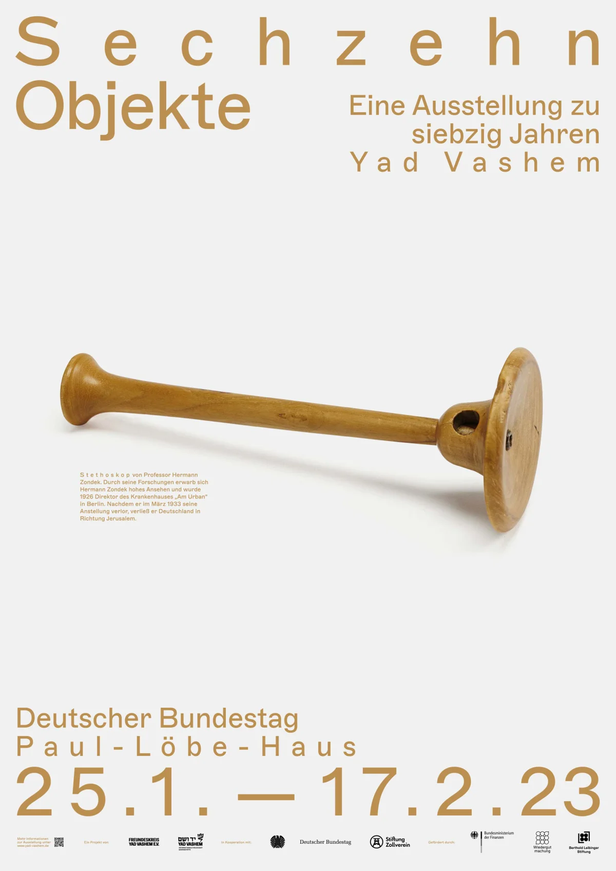 White “Sixteen Objects” poster with a long wooden wind instrument and a flared bell.