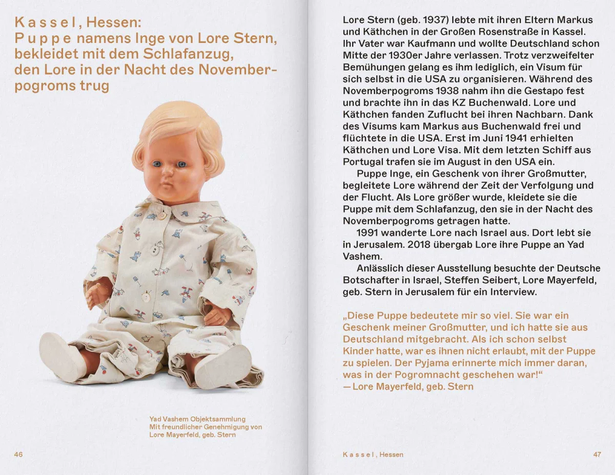 Exhibition booklet spread about Lore Stern’s doll Inge, with a large object photograph and biographical text.