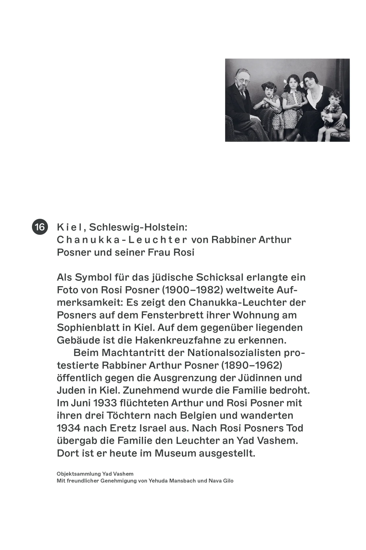 White exhibition panel about the Posner family’s Hanukkah menorah, with a family photograph and historical context.