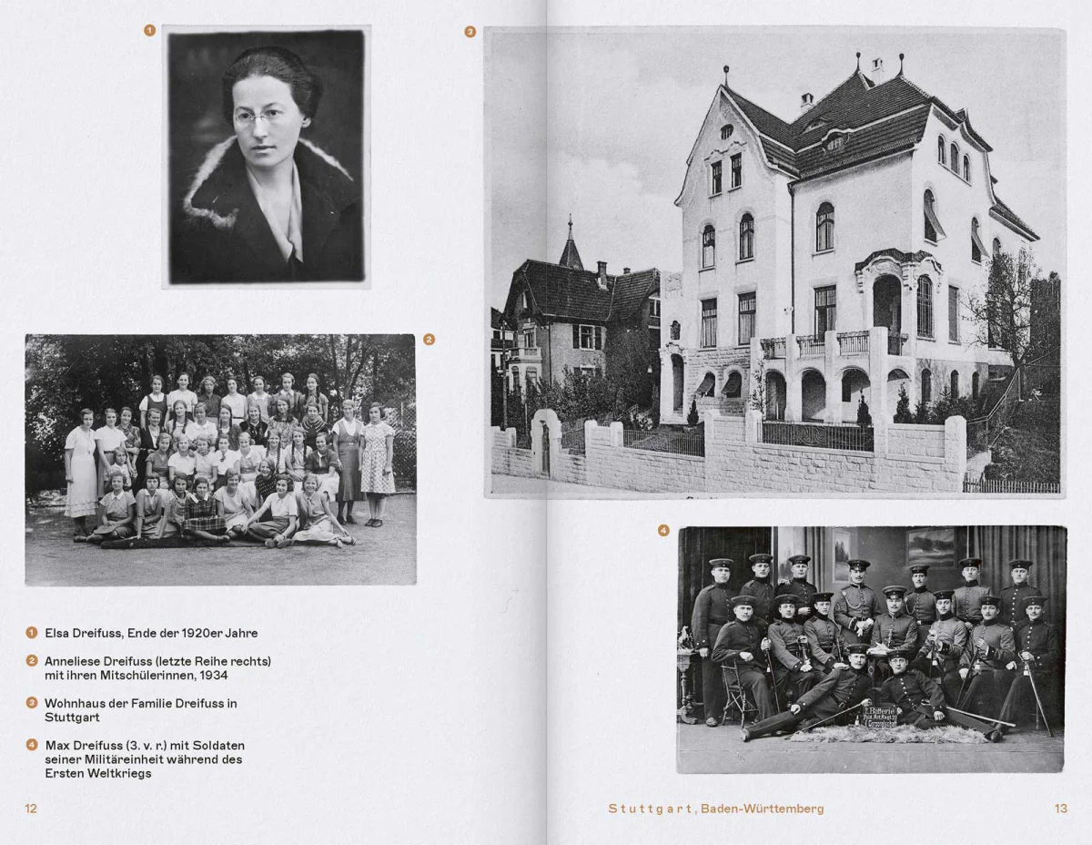 Booklet spread with historical portraits, group photographs and an image of the Dreifuss family home.