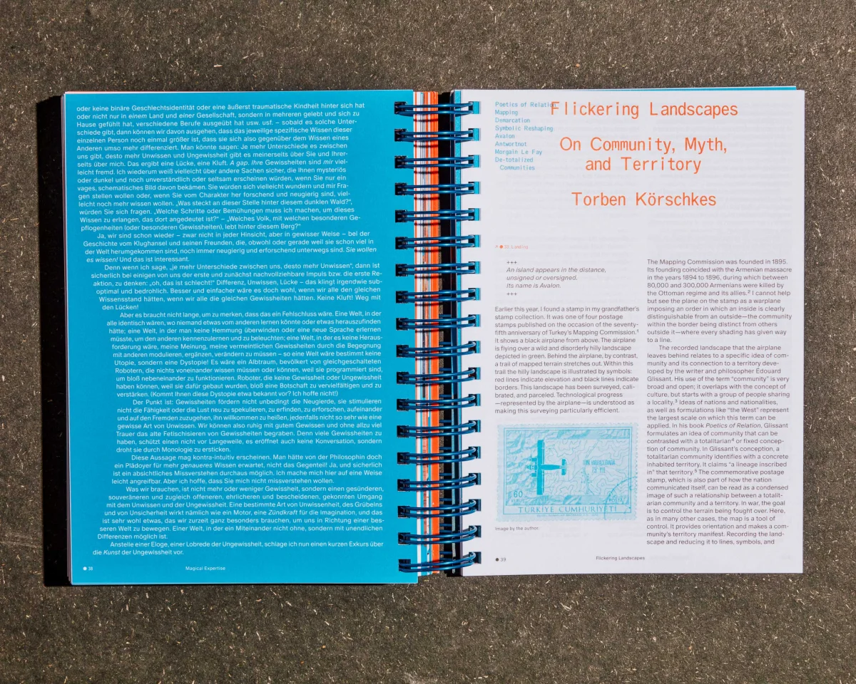 “Specology” spread titled “Flickering Landscapes”, with white text on turquoise on the left and an orange heading on the right.