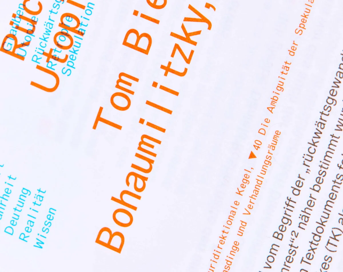 Typographic detail from “Specology”, with orange names and turquoise index terms on white.