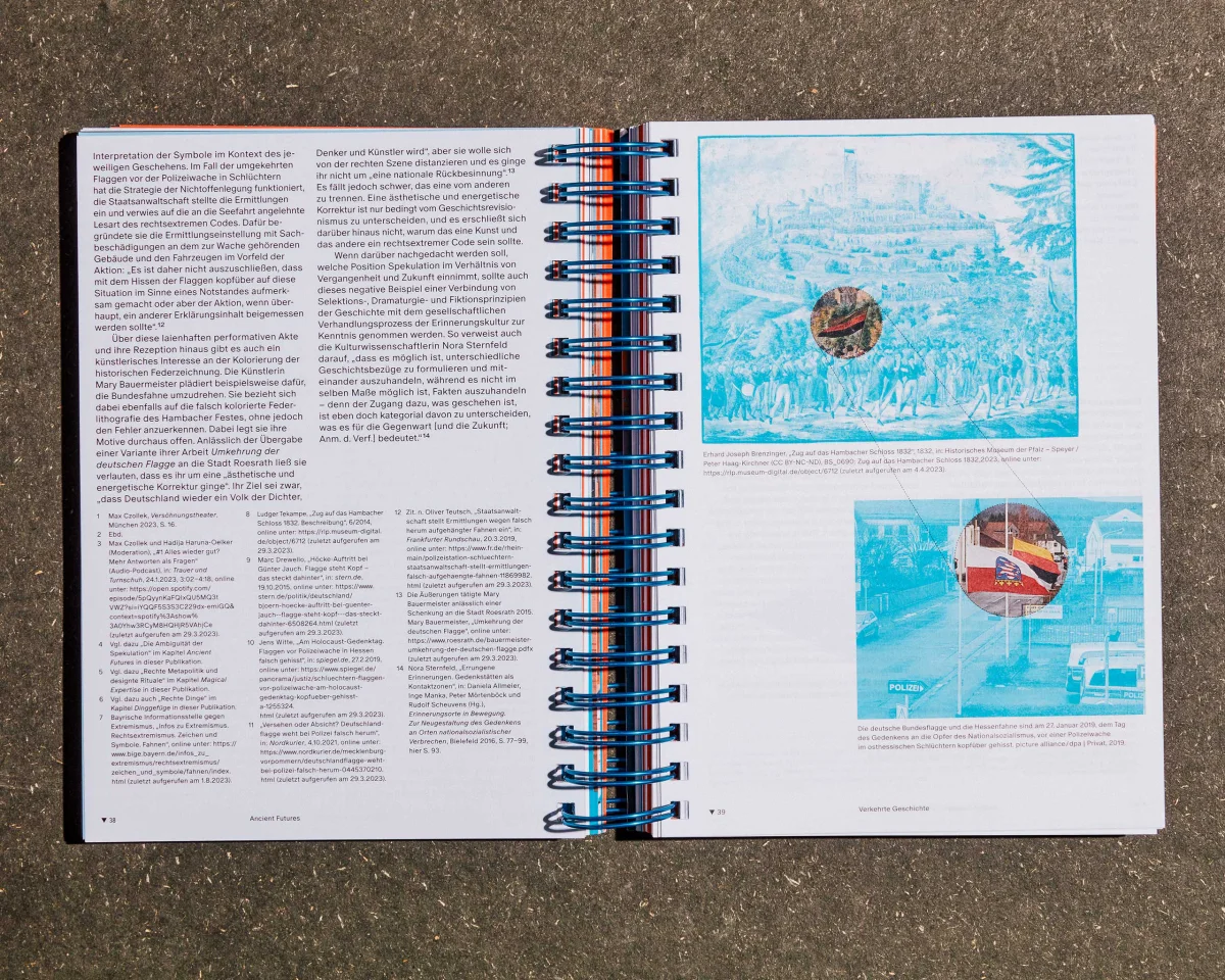 “Specology” spread with multi-column text on the left and turquoise image montages on the right.