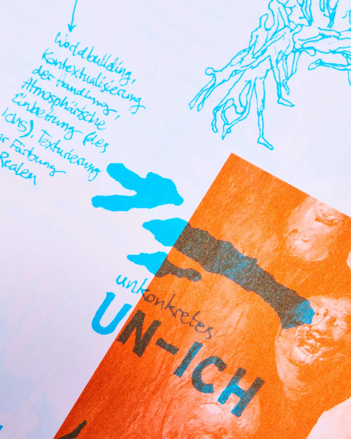 Detail of a “Specology” page with turquoise handwriting, an orange collage and the word “Un-Ich”.