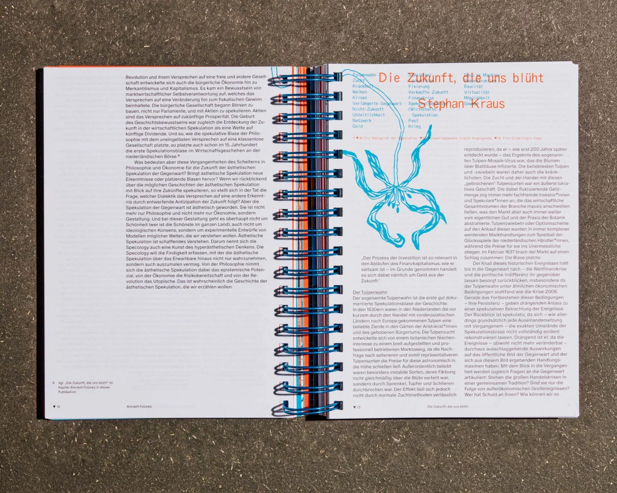 “Specology” spread titled “Die Zukunft, die uns blüht”, with an orange heading and a turquoise plant drawing.
