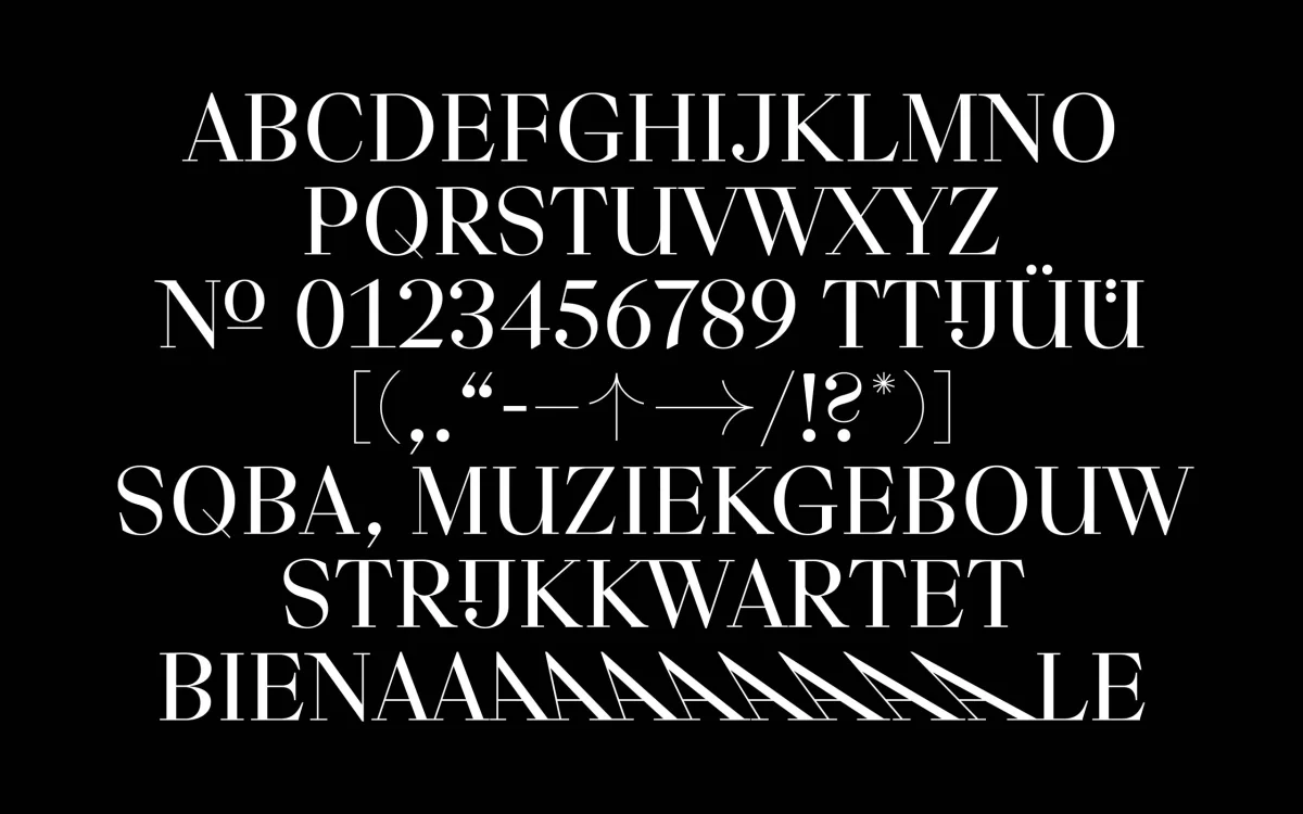 Biennale type specimen with white letters, numbers and symbols on black; repeated A forms create a rhythmic sequence.