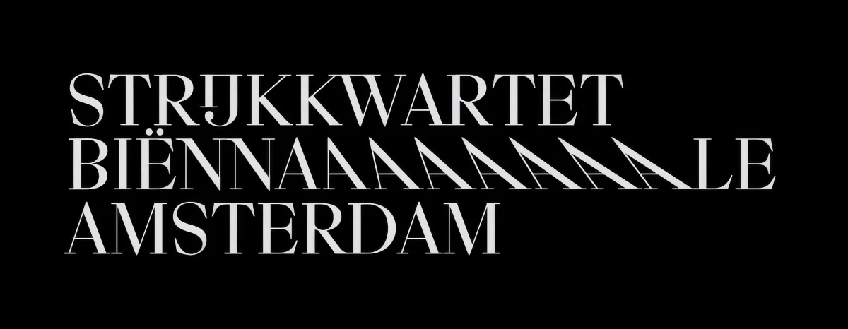 White “Strijkkwartet Biënnale Amsterdam” lettering on black, incorporating a sequence of differently slanted A forms.