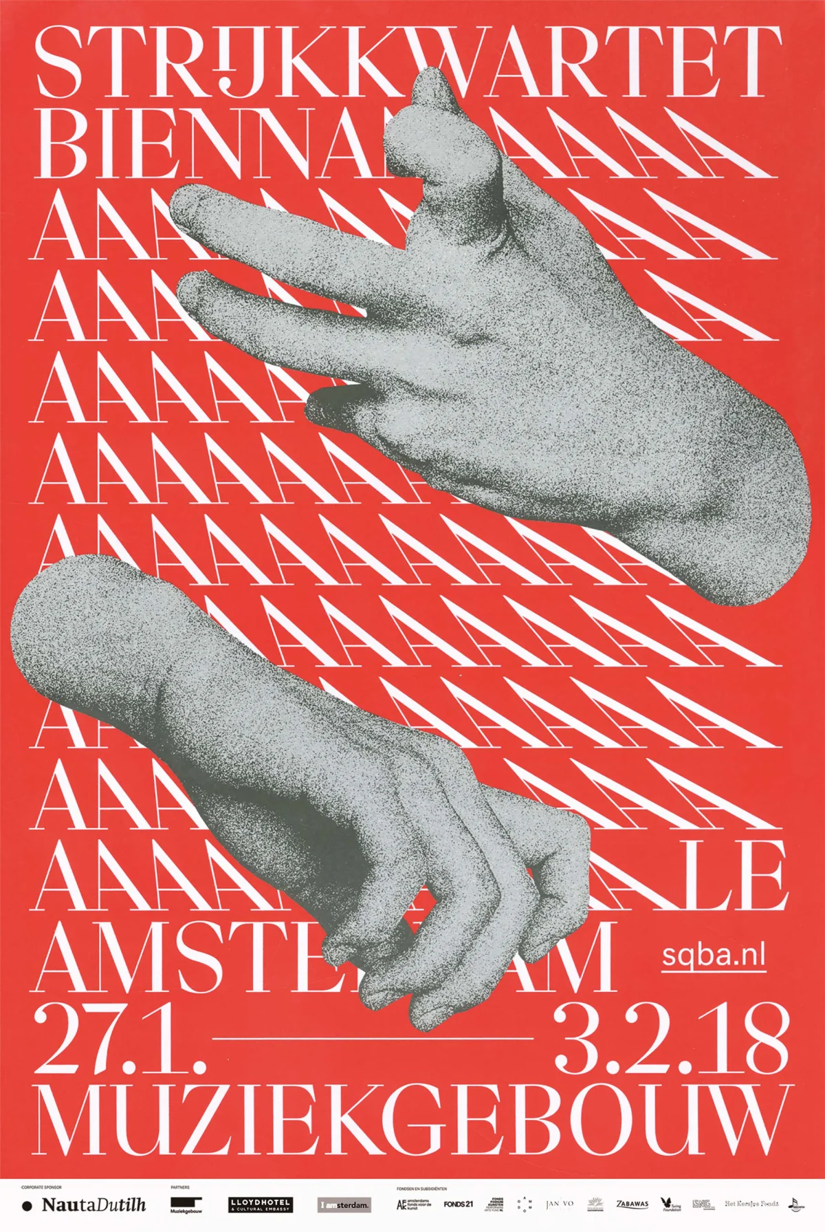 Red Biennale poster with rows of white lettering and two cut-out hands forming playing gestures.