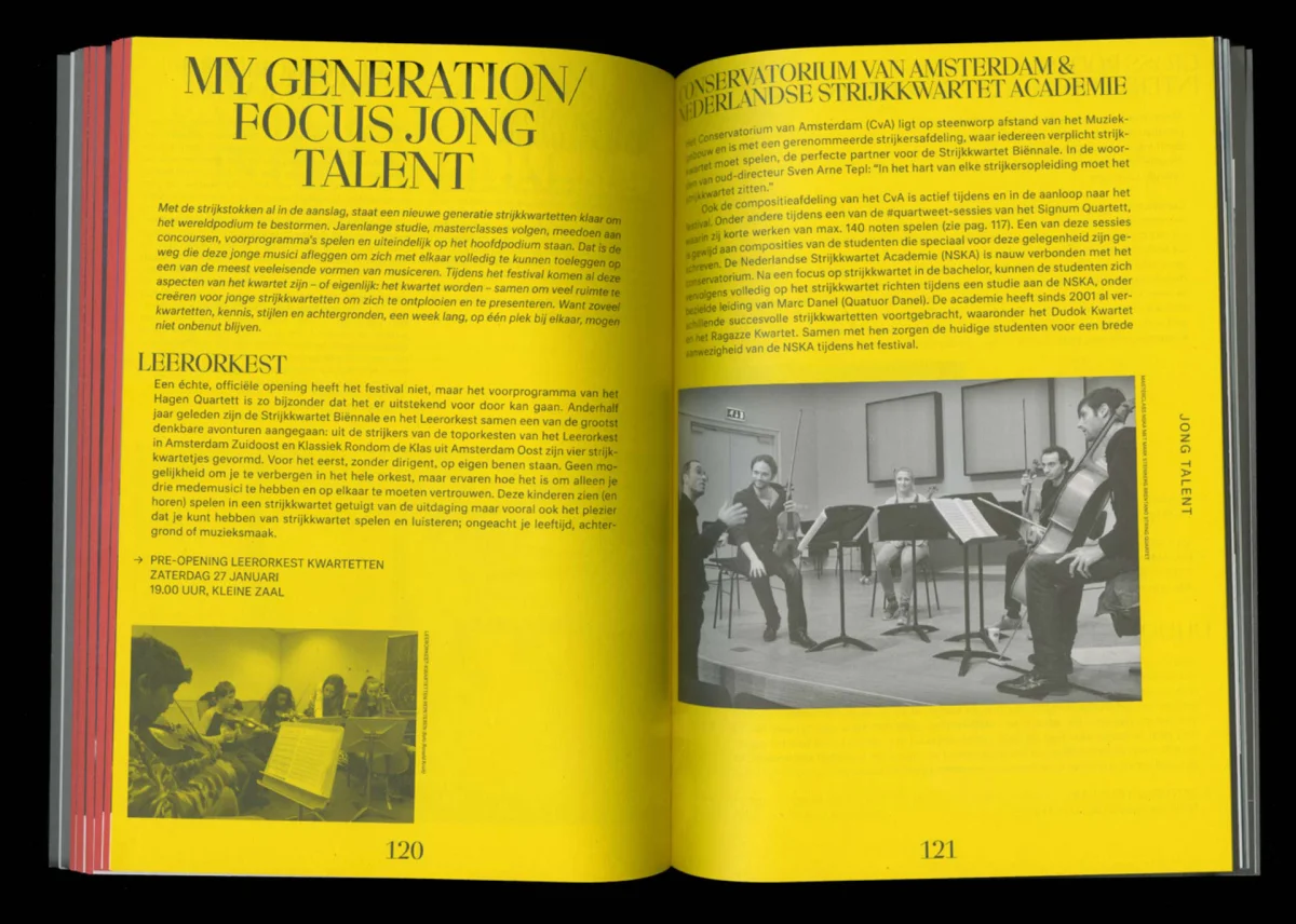 Yellow programme spread with large headings, narrow text columns and photographs of string ensembles.