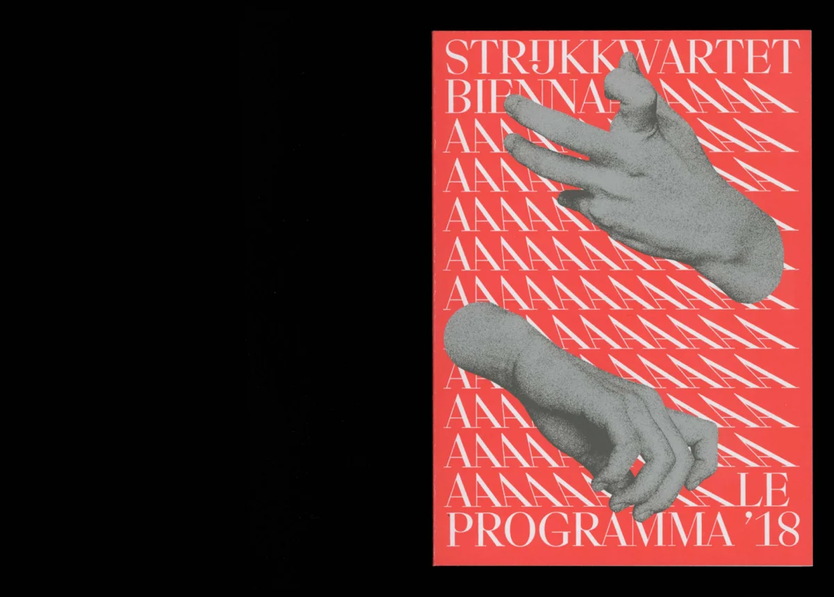 Red Biennale programme with rows of white lettering, two hand images and the title “Programma ’18”.
