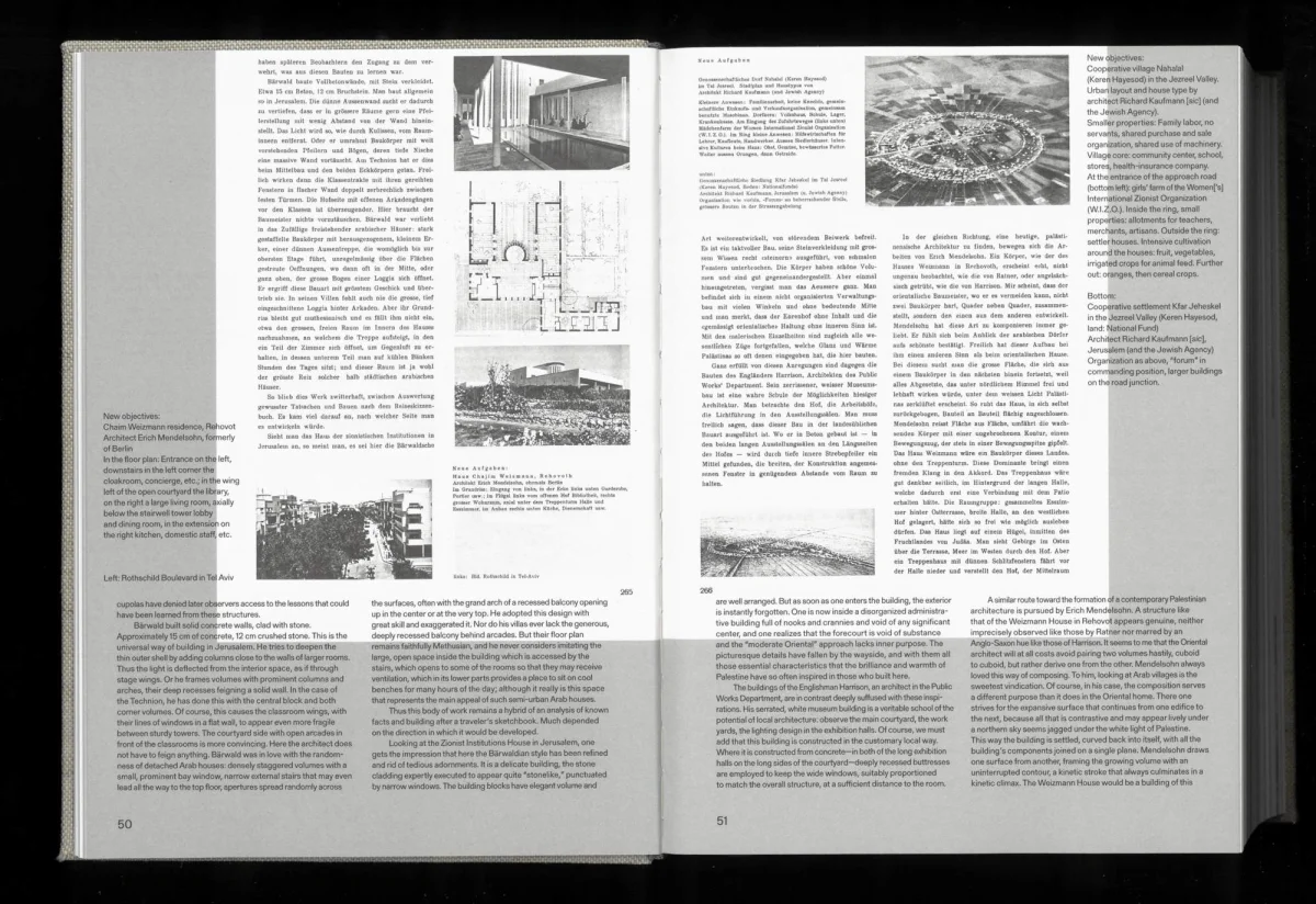 Buchdoppelseite mit schmalen Textspalten, einem Grundriss sowie historischen Gebäude- und Luftaufnahmen.