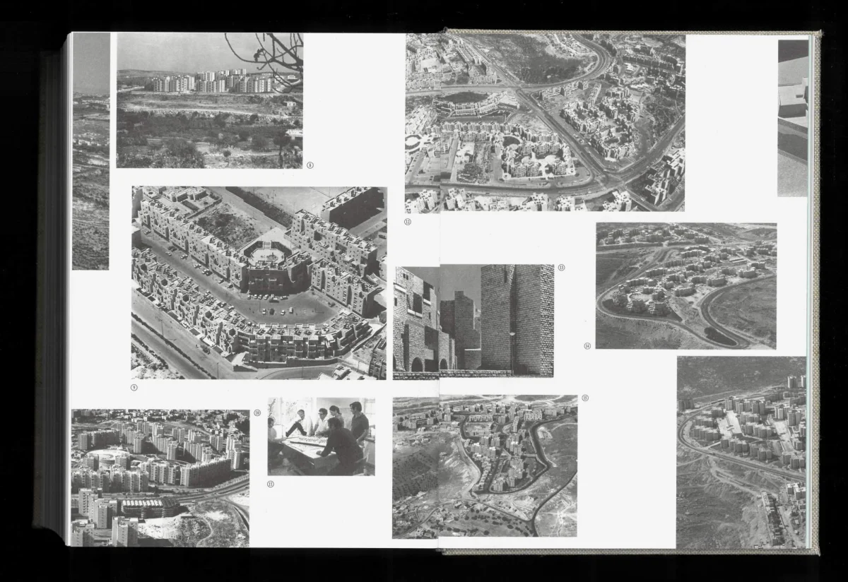 Doppelseite von „The Object of Zionism“ mit frei angeordneten historischen Luft- und Architekturfotografien.