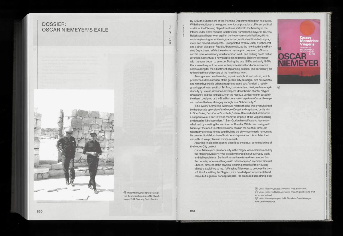 Dossier „Oscar Niemeyer’s Exile“ mit historischem Foto zweier Personen, Text und einer roten Buchabbildung.