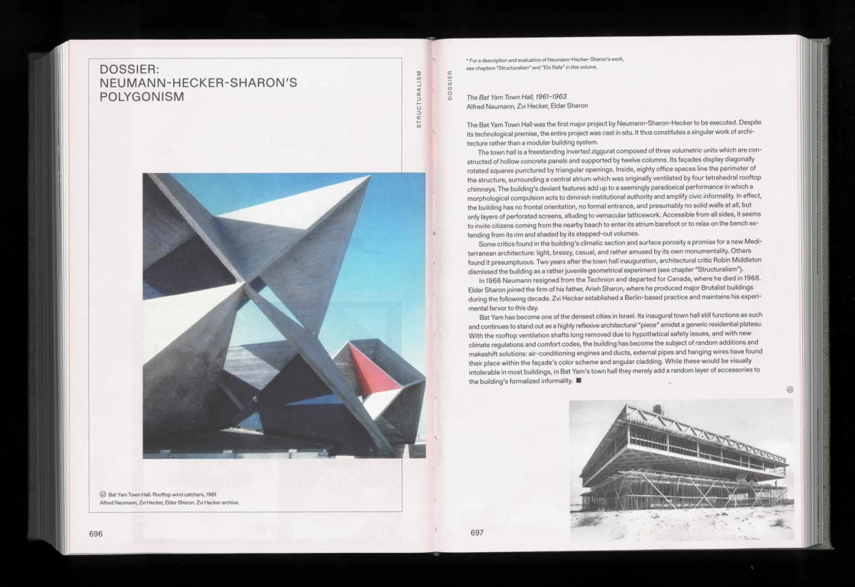 Dossier-Doppelseite zu „Neumann–Hecker–Sharon’s Polygonism“ mit geometrischer Architektur, Fließtext und einer Schwarz-Weiß-Fotografie.