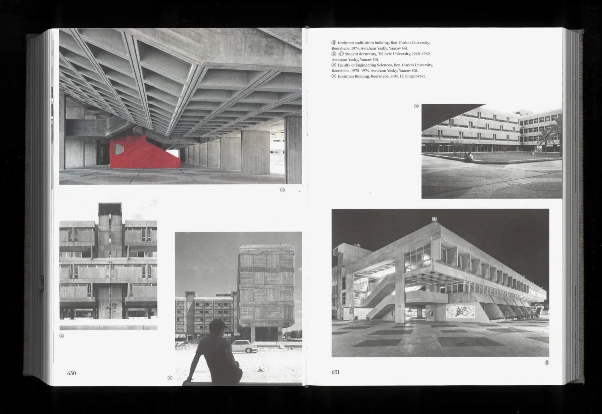 Doppelseite mit Fotografien von Betonarchitektur; ein rotes Element setzt einen farbigen Akzent im großen oberen Bild.