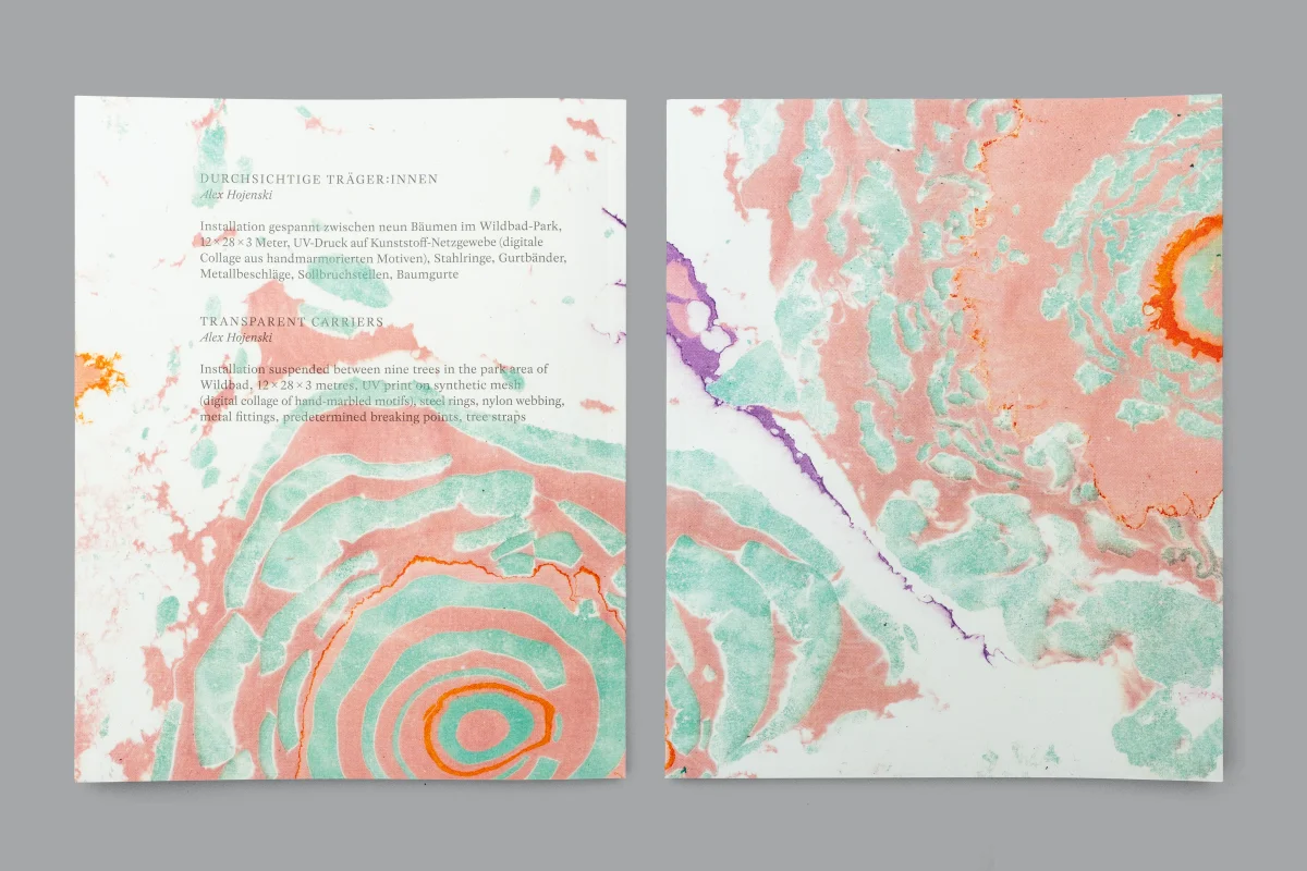 Front and back covers of “Transparent Carriers”, with white areas and speckled organic patterns in green, pink and orange.
