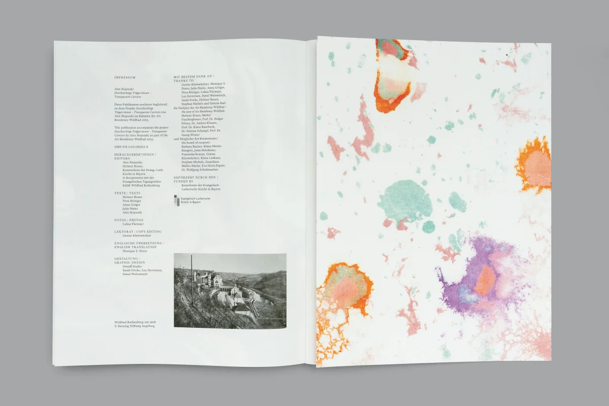 Credits page with a small black and white photograph of the park installation beside a full-page speckled pattern in pink, green and orange.