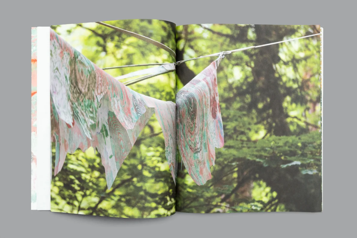 Book spread showing translucent, irregular triangular panels in green and pink suspended from metal cables in a park.