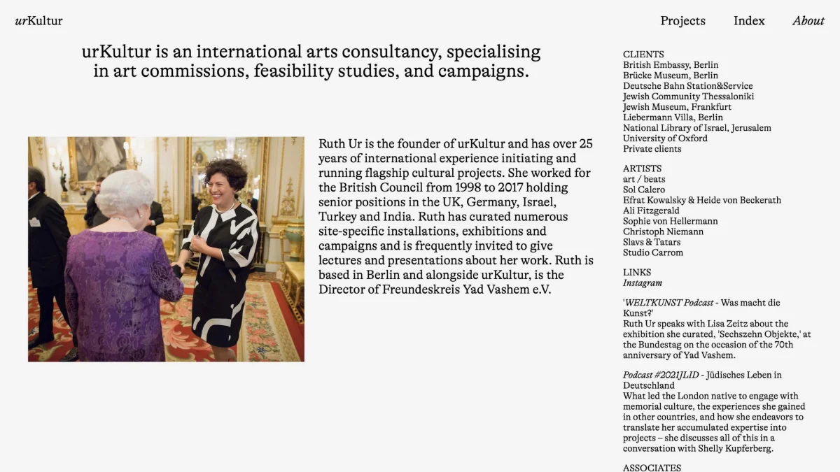 urKultur About page with a portrait photograph, biography and lists of clients and artists.