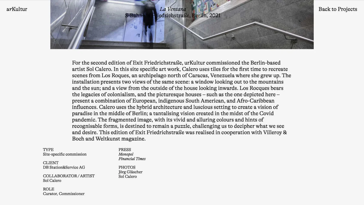 Text section of the urKultur “La Ventana” project page, with a description, project details and press links.