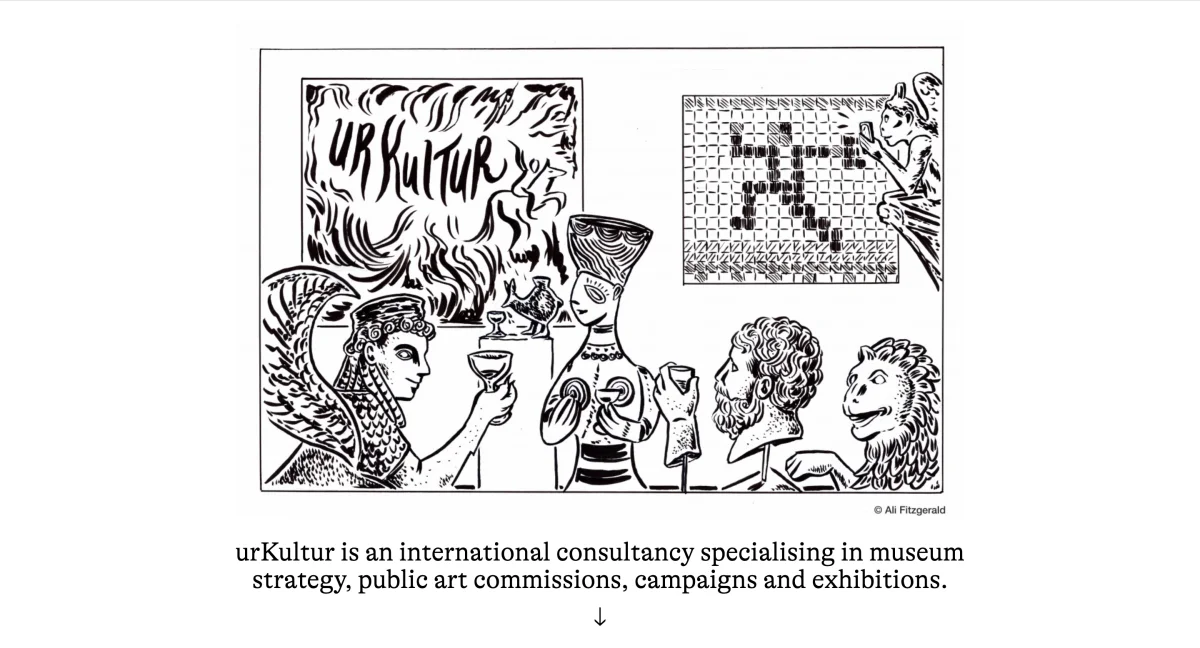 urKultur landing page with a black-and-white illustration of fantastical creatures and a brief introduction to the curatorial practice.
