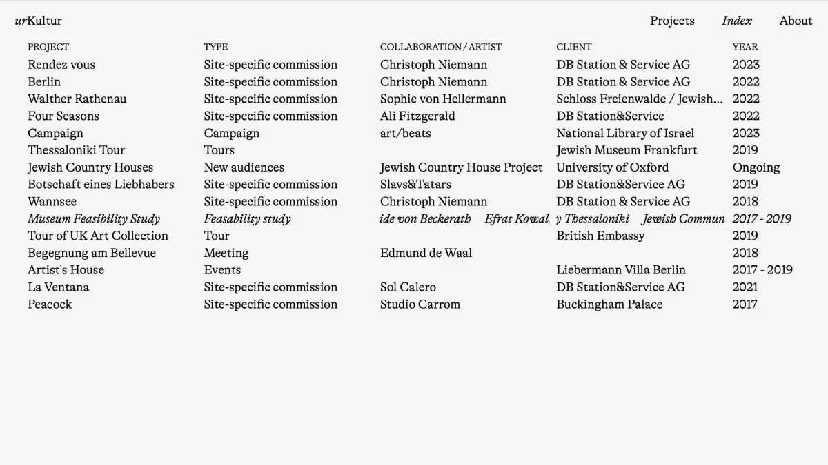 urKultur website project index with columns for project, type, artist, client and year.